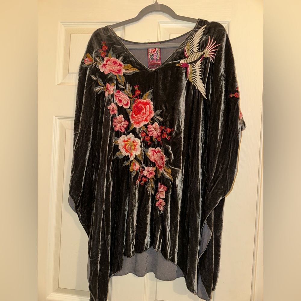 JOHNNY WAS - Embroidered Plumed Velvet Poncho